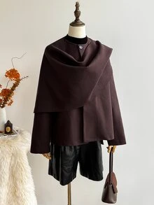 Elamini Solid Open Front Cape Overcoat - Brown - View 7