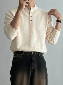 DAZY Men Solid Half Button Sweater Fall - White - View 3