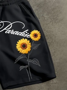 Manfinity ZONE917 Men Sunflower & Letter Graphic Drawstring Waist Shorts - Black - View 2