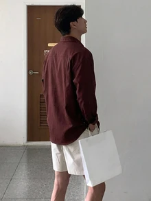 DAZY 男士純色口袋拼接襯衫 秋季 - 鏽棕色 - 查看 2