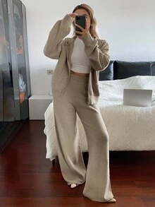 DAZY Solid Drop Shoulder Zip Up Hooded Cardigan & Wide Leg Knit Pants Set Fall - Apricot - View 3