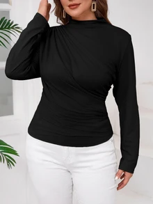SHEIN Clasi 大尺碼小高領抓皺上衣 - 黑色 - 查看 5