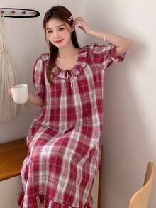 DAZY Plaid Ruffle Trim Tie Front Puff Sleeve Sleep Dress - Red - View 6