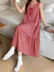 DAZY Plaid Tie Neck Ruffle Hem Lounge Dress - Red - View 3