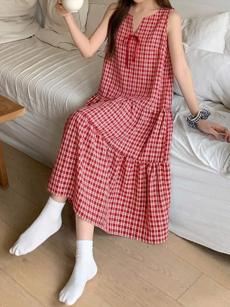 DAZY Plaid Tie Neck Ruffle Hem Lounge Dress - Red - View 1