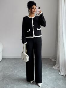 Elenzga Contrast Trim Button Front Cardigan & Knit Pants - Multicolor - View 7