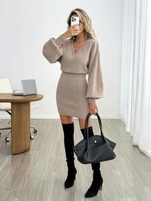 Easowa Solid Batwing Sleeve Sweater Dress - Khaki - View 5