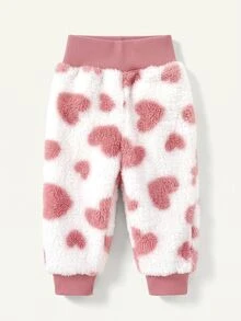 SHEIN Baby Girl Heart Pattern Contrast Binding Teddy Jacket & Pants - Pink - View 8