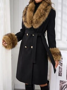 Lavishia Contrast Fuzzy Double Breasted Belted Overcoat - Multicolor - View 4