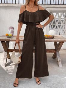 SHEIN Clasi Cold Shoulder Ruffle Trim Wide Leg Jumpsuit - Coffee Brown - View 3