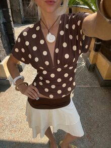 Aloruh Polka Dot Print Batwing Sleeve Tee - Brown - View 2