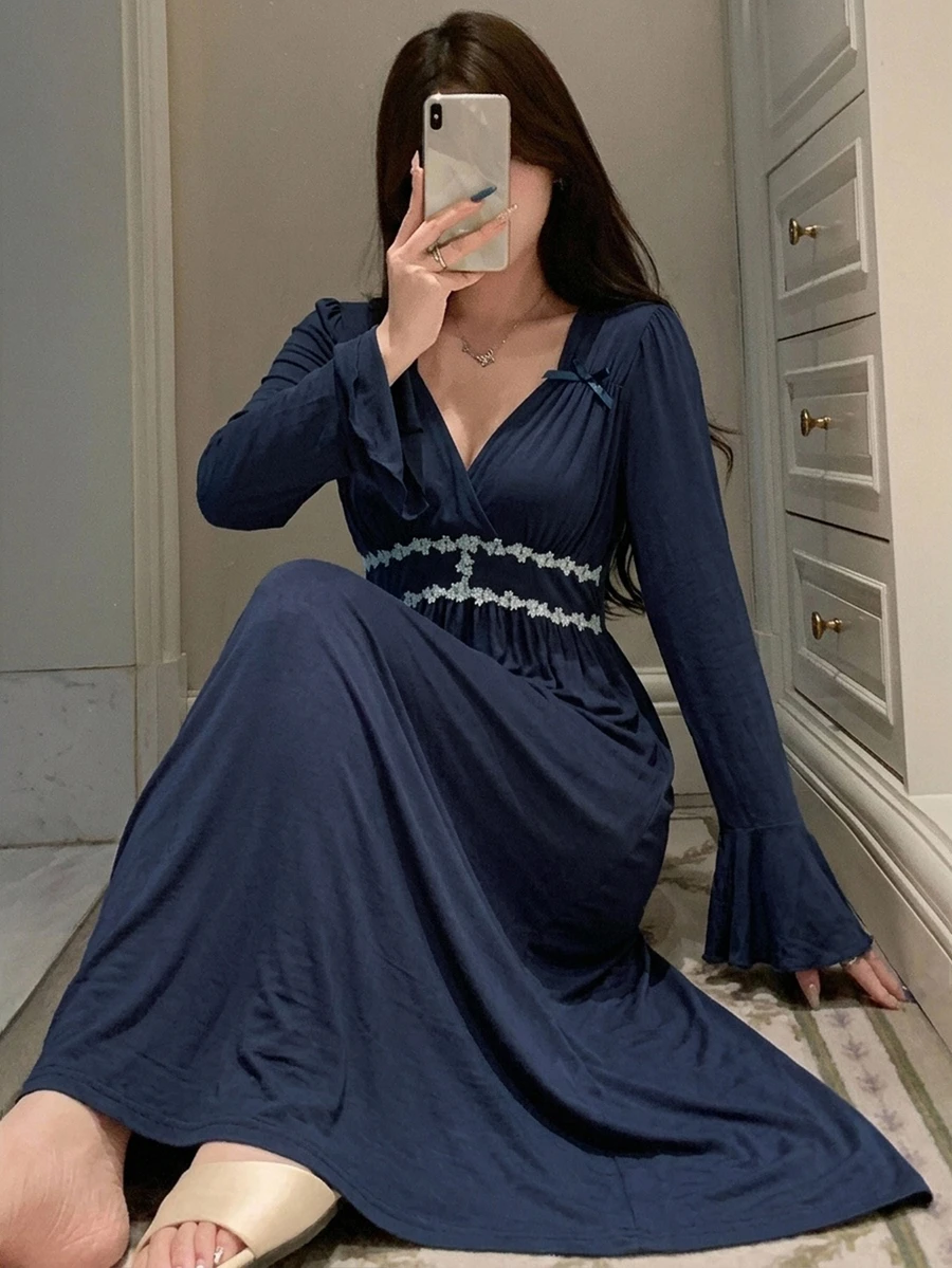 DAZY Contrast Lace Trim Flounce Sleeve Sleep Dress - Navy Blue - View 1