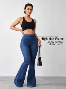 Flexra Plus High Waist Flare Leg Jeans With Phone Pocket - Blue - View 7