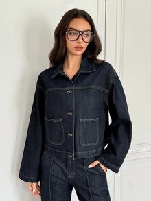 SHEIN Dual Pocket Drop Shoulder Denim Jacket - Navy Blue - View 7