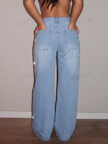 SHEIN Tall High Waist Rhinestone Wide Leg Jeans - Light Wash - View 2