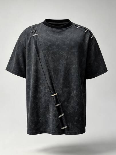 Street Life Men Buckle Detail Washed Drop Shoulder Oversize Tee