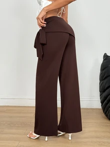 SHEIN Pearls Beaded Detail Wide Leg Pants - Brown - View 2