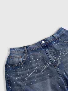 ROMWE Grunge Punk Shorts de mezclilla con detalle de strass lavados talla grande - Azul - Ver 3