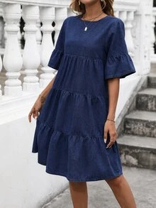 Breezaya Fall Casual Cute A Line Loose Ruffle Blue Daily Stretchy Washed Comfortable Flattering Wear Denim Dress For Women - Dark Wash - View 5