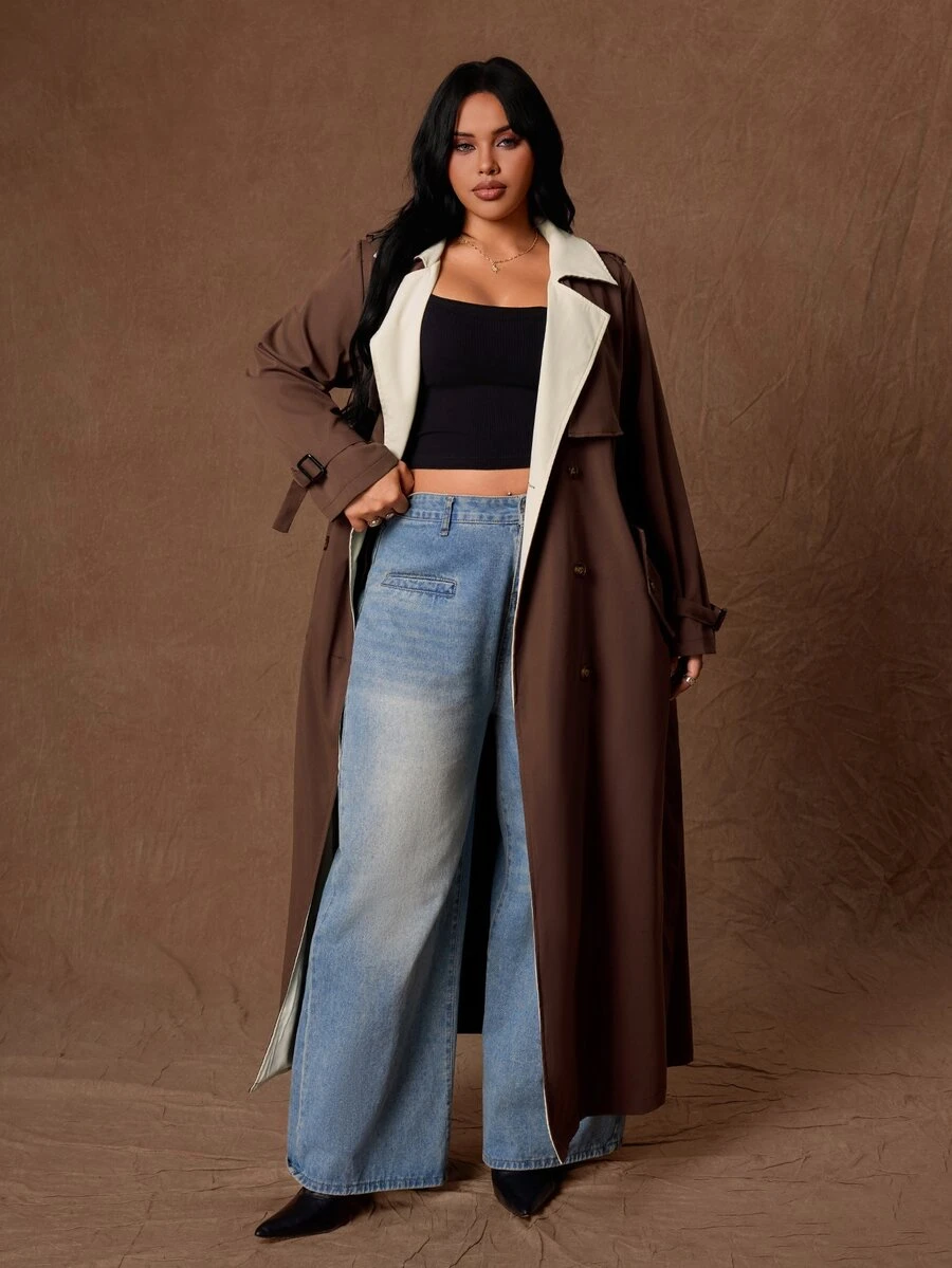 Rustia Plus Size Contrast Lapel Neck Double Breasted Belted Trench Coat Fall - Multicolor - View 1