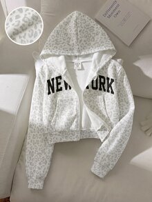 SHEIN 青少年女孩豹紋字母圖案袋鼠口袋拉鍊連帽衛衣 - 彩色 - 查看 3
