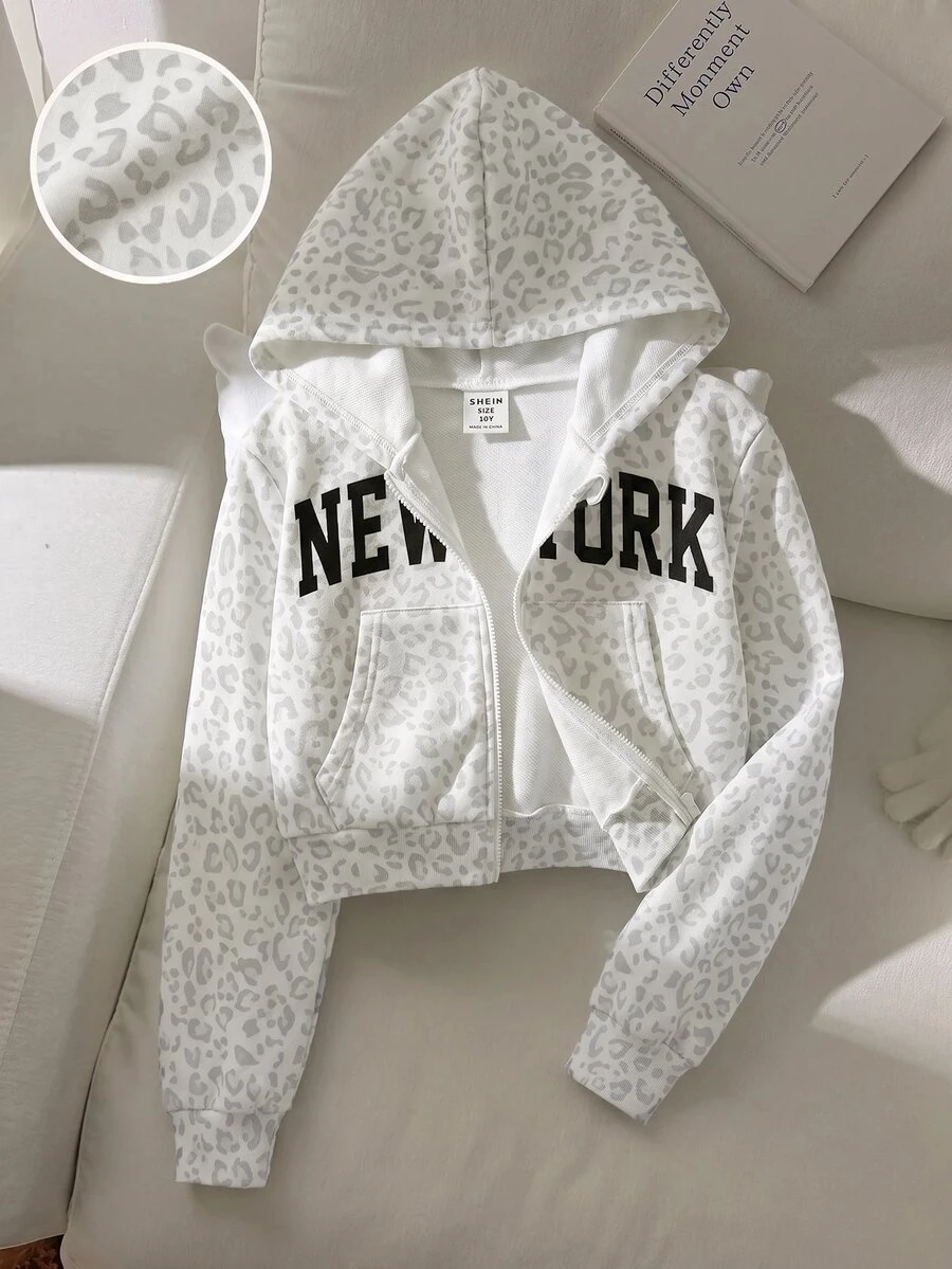 SHEIN Tween Girl Leopard Letter Graphic Kangaroo Pocket Zip Up Hooded Sweatshirt - Multicolor - View 1