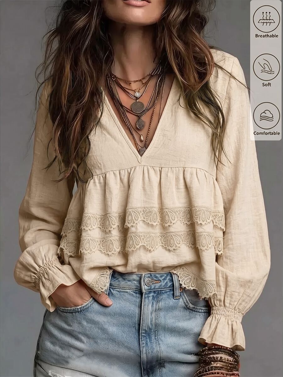 SHEIN Flounce Sleeve Contrast Lace Peplum Blouse - Apricot - View 1