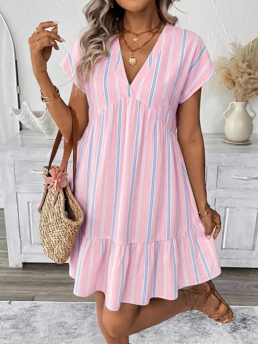 SHEIN LUNE Vestido holgado con estampado de rayas y bajo con volantes - Multicolor - Ver 1