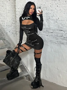 Jeanoix Slogan Graphic Cut Out Front Bodycon Dress - Black - View 4
