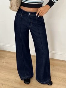 SHEIN High Waist Wide Leg Jeans Everyday School Navy Blue Summer Casual Simple Everyday School - Navy Blue - View 1