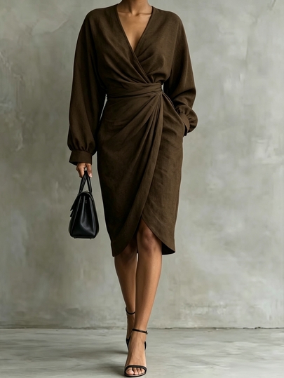 SHEIN Solid Surplice Neck Lantern Sleeve Wrap Hem Midi Dress