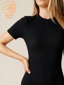 SHEIN BASICS Women's Solid Color Round Neck Short Sleeve Fitted Elegant Basic Dress Fall Outfits For Women Office Black Warm - Black - View 4