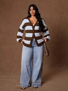 Rustia Plus Striped Pattern Drop Shoulder Cardigan Winter - Multicolor - View 5