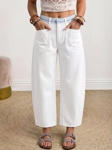 SHEIN PETITE High Waist Straight Leg Jeans - White - View 4