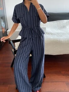 DAZY Blue Stripe Print Drawstring Waist Top Pants Lounge Sets For Women Travel Summer Casual - Rust Brown - View 4