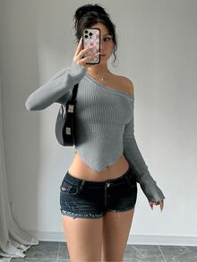 SHEIN Unity 不對稱領口手帕下擺短版針織衫 - 灰色 - 查看 5