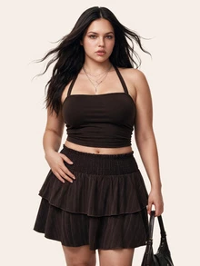 Comfortcana Plus Solid Elastic Waist Ruffle Hem Skirt Fall - Brown - View 12
