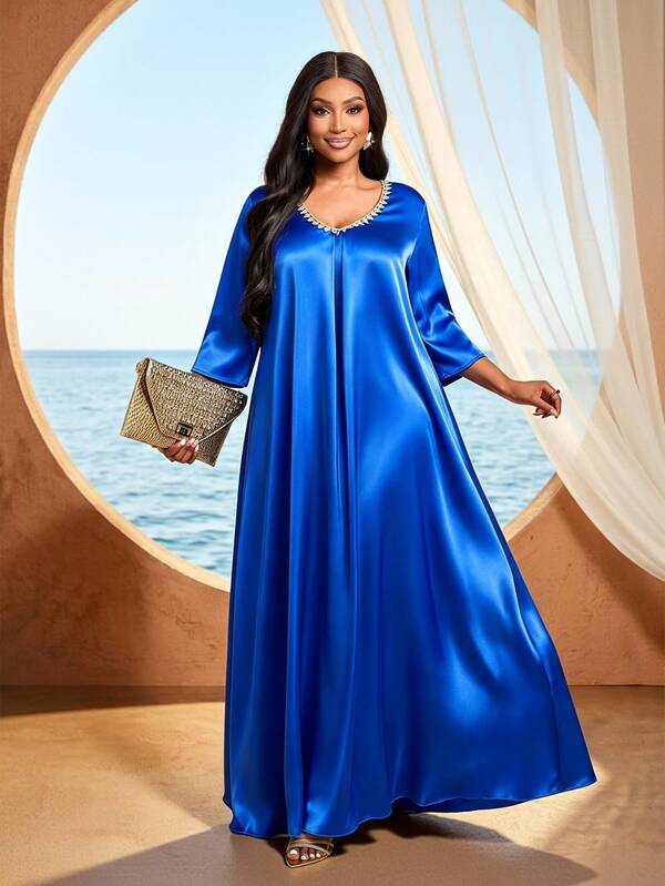 Brilight Solid V Neck Satin Dress