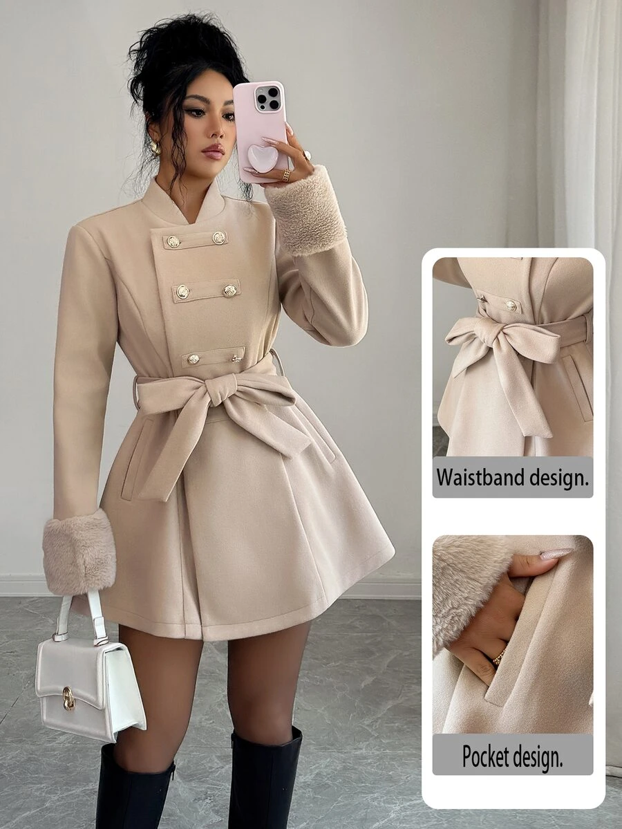 Elenzga Patchwork Faux‑Fur With Side Pockets Belted Overcoat Office Beige Autumn Elegantrueu - Khaki - View 1