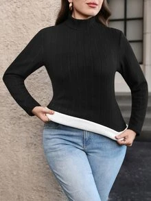 Chikora Camiseta térmica de cuello alto lisa para otoño e invierno, talla grande - Negro - Ver 8