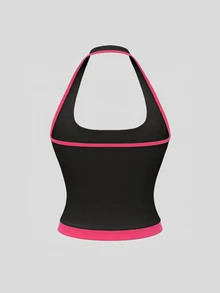 SHEIN Sweetro FeatherFit™-Cool 對比飾邊運動掛脖上衣 - 黑色 - 查看 6