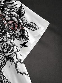 ROMWE MEN Goth Men Skull & Floral Print Short Sleeve Tee - White - View 5