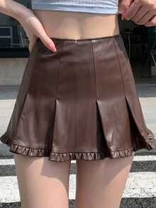 DAZY Solid Fold Pleated Frill Hem PU Leather Skirt Fall Y2k - Brown - View 4