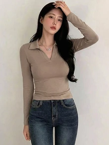 DAZY Camiseta de manga larga con cuello sólido - Marrón - Ver 6