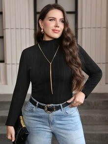 Chikora Camiseta térmica de cuello alto lisa para otoño e invierno, talla grande - Negro - Ver 5