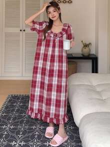 DAZY Plaid Ruffle Trim Tie Front Puff Sleeve Sleep Dress - Red - View 5