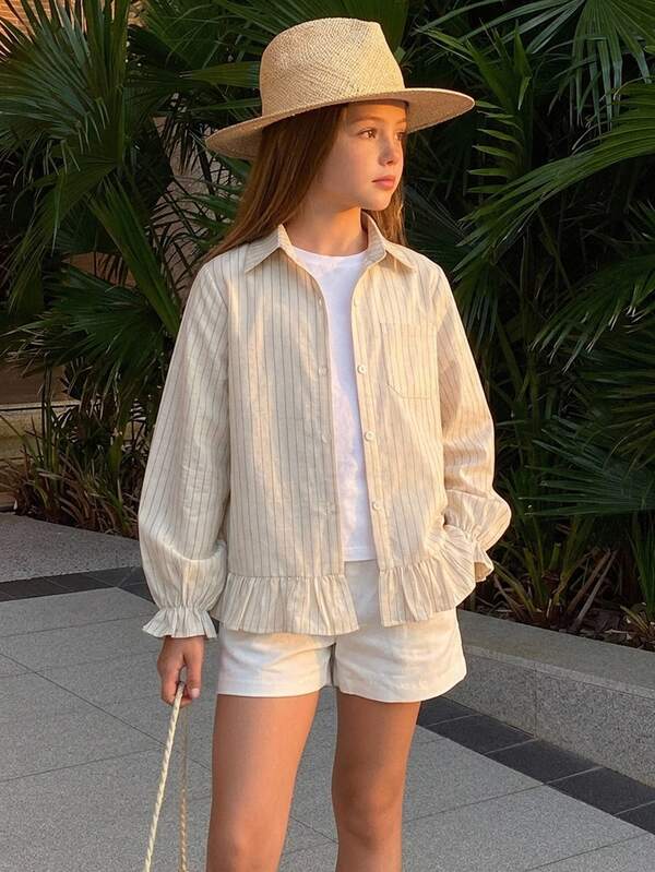 DAZY Tween Girl Striped Print Flounce Sleeve Ruffle Hem Shirt
