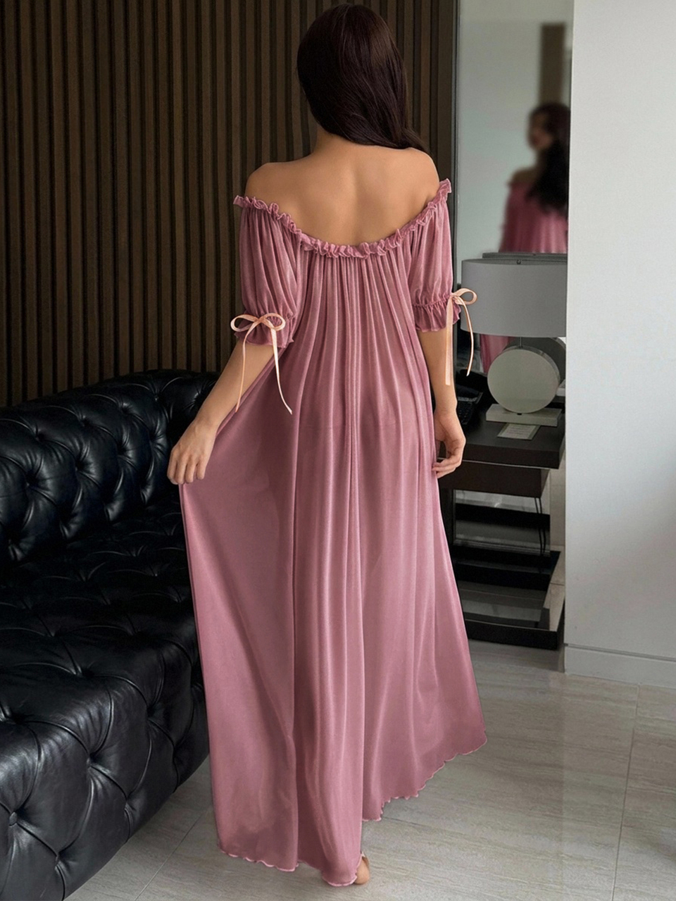 Off Shoulder Flounce Sleeve Knot Front Sleep Dress