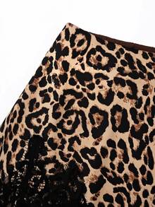 Lavishia Leopard Print Contrast Lace Skirt Without Belt - Khaki - View 7