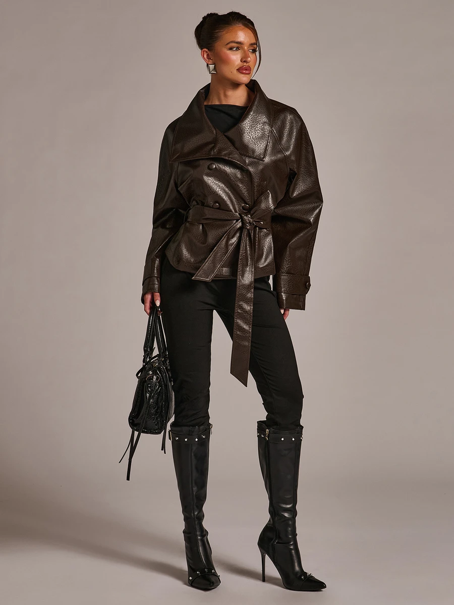 SHEIN BAE Collared Belted PU Leather Trench Coat - Chocolate Brown - View 1